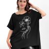 Odziez maloma Bluzki Oversize | Bluzka Damska W Kolorze M Oversize Dluzszy Tyl Print Line Art Flower Face Czarny