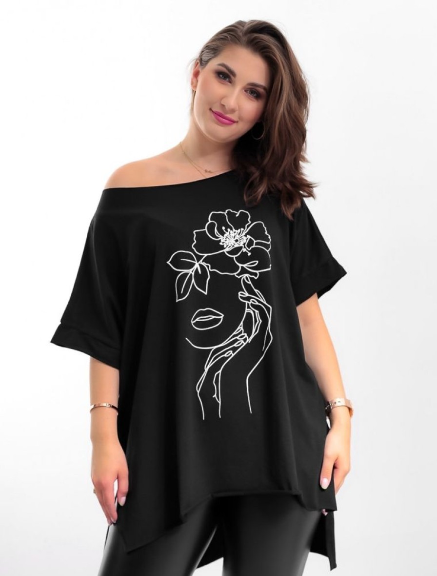 Odziez maloma Bluzki Oversize | Bluzka Damska W Kolorze M Oversize Dluzszy Tyl Print Line Art Flower Face Czarny