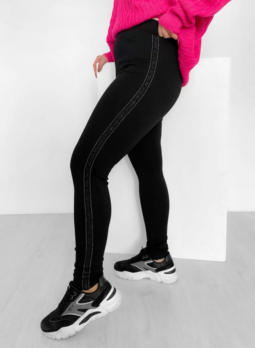 Odziez maloma | Legginsy Plus Size Spodnie W Kolorze M Wysoki Stan Lampas Wzor Splot Czarny