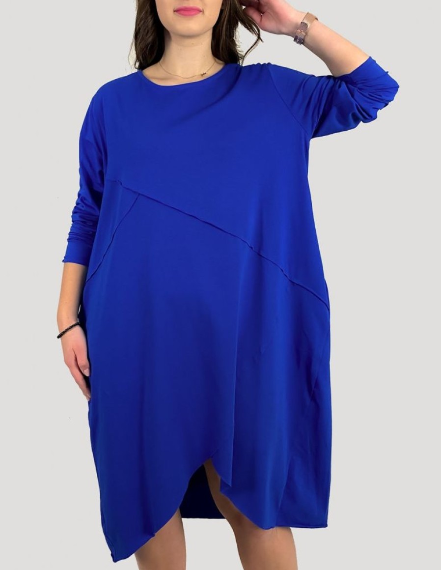 Odziez maloma Sukienki Oversize | Bawelniana Sukienka Plus Size W Kolorze Kobaltowym Przeszycia Kieszenie Mavis Niebieski