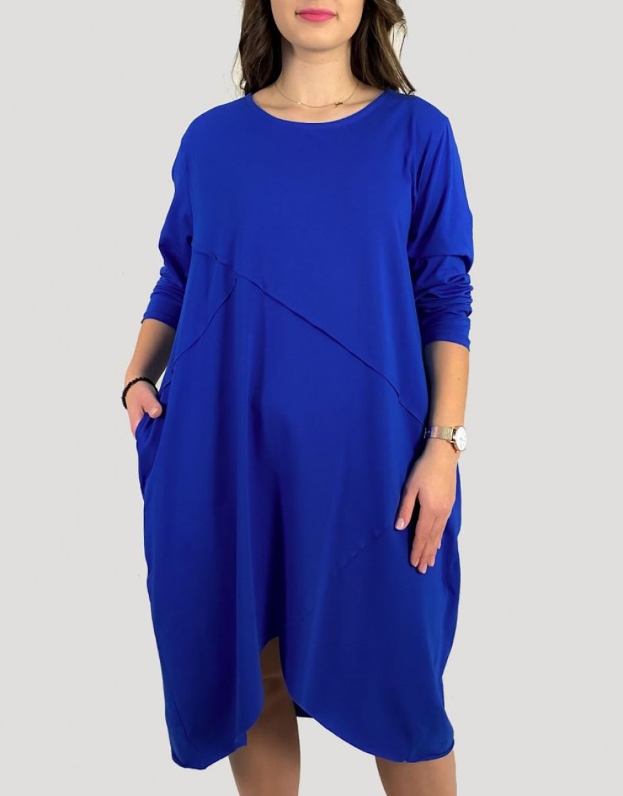 Odziez maloma Sukienki Oversize | Bawelniana Sukienka Plus Size W Kolorze Kobaltowym Przeszycia Kieszenie Mavis Niebieski