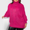 Odziez maloma Swetry Z Golfem | Szeroki Oversize Sweter Golf Damski Plus Size W Kolorze Fuksji Warkocz Boro Rozowy/Fuksja