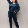 Odziez maloma Komplety Sportowe | Welurowy Dres Damski Plus Size W Kolorze Morskim Komplet Spodnie I Bluza W Serek Patty Morski/Zielony