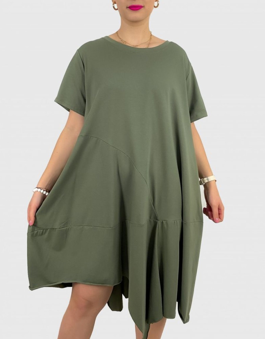 Odziez maloma Sukienki Sportowe & Dresowe | Sukienka Plus Size W Kolorze Z Kieszeniami Asymetryczny Przod Ariadna Khaki