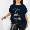 Odziez maloma T-Shirty Z Nadrukiem | Nietoperz T-Shirt Damski Plus Size W Kolorze Dark Navyoty Print Coffee Cup Granat