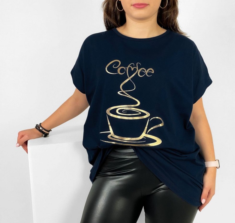 Odziez maloma T-Shirty Z Nadrukiem | Nietoperz T-Shirt Damski Plus Size W Kolorze Dark Navyoty Print Coffee Cup Granat