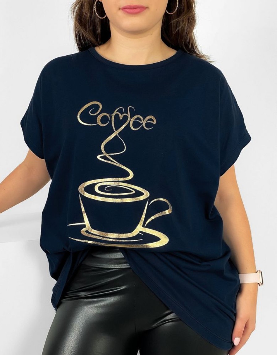 Odziez maloma T-Shirty Z Nadrukiem | Nietoperz T-Shirt Damski Plus Size W Kolorze Dark Navyoty Print Coffee Cup Granat