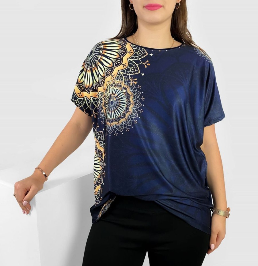 Odziez maloma Bluzki Z Nadrukiem | Bluzka Damska Plus Size Nietoperz Multikolor Z Nadrukiem Mandala Granat Granat/Zloty/Multikolor