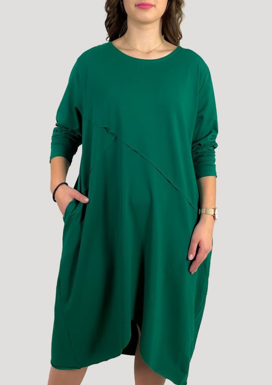 Odziez maloma Sukienki Oversize | Bawelniana Sukienka Plus Size W Kolorze Zielonym Przeszycia Kieszenie Mavis Zielony/Butelkowy