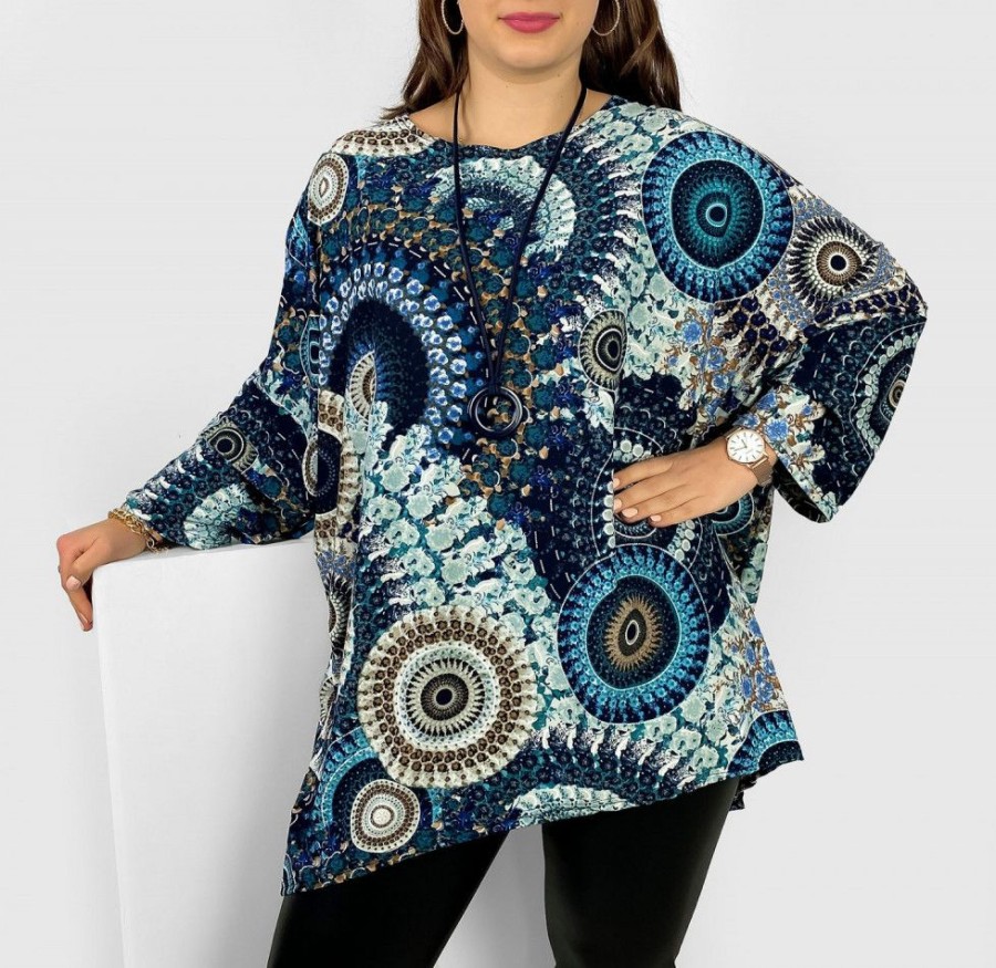 Odziez maloma Bluzki Z Naszyjnikiem | Tunika Plus Size Dluzszy Tyl Oversize Z Naszyjnikiem Wzor Glebiny Moriko Granat/Morski/Niebieski