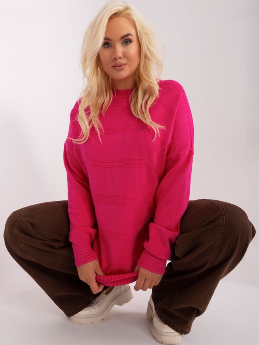 Odziez maloma Swetry Oversize | Sweter Damski Plus Size W Kolorze Fuksji Z Delikatnym Wzorem Milutki Cozy