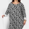 Odziez maloma Tuniki Asymetryczne | Milutka Tunika Plus Size Lekko Dluzszy Tyl Okragly Dekolt Oversize Wzor Bialo Czarne Listki Ruzan Czarny/Bialy