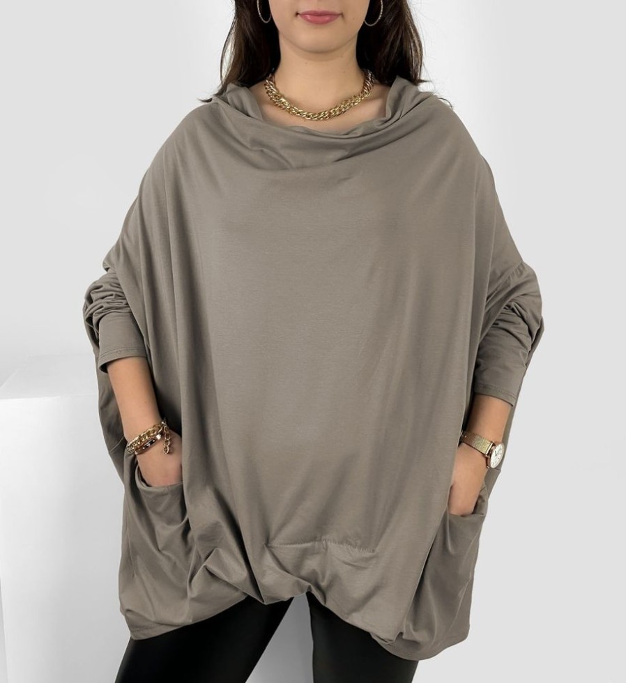 Odziez maloma Bluzki Na Co Dzien | Mega Oversize Bluzka Plus Size W Kolorze Fango Zakladka Dekolt Woda Kieszenie Crystal Fango/Bezowy