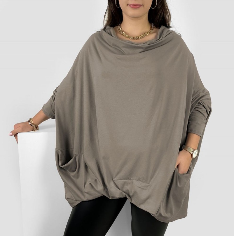 Odziez maloma Bluzki Na Co Dzien | Mega Oversize Bluzka Plus Size W Kolorze Fango Zakladka Dekolt Woda Kieszenie Crystal Fango/Bezowy